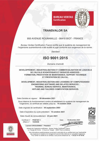 Certificat TRANSVALOR - ISO 9001-V1
